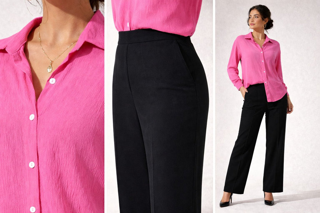 Pink Textured Shirt & Black Mid Rise Trouser Co-ord Set
