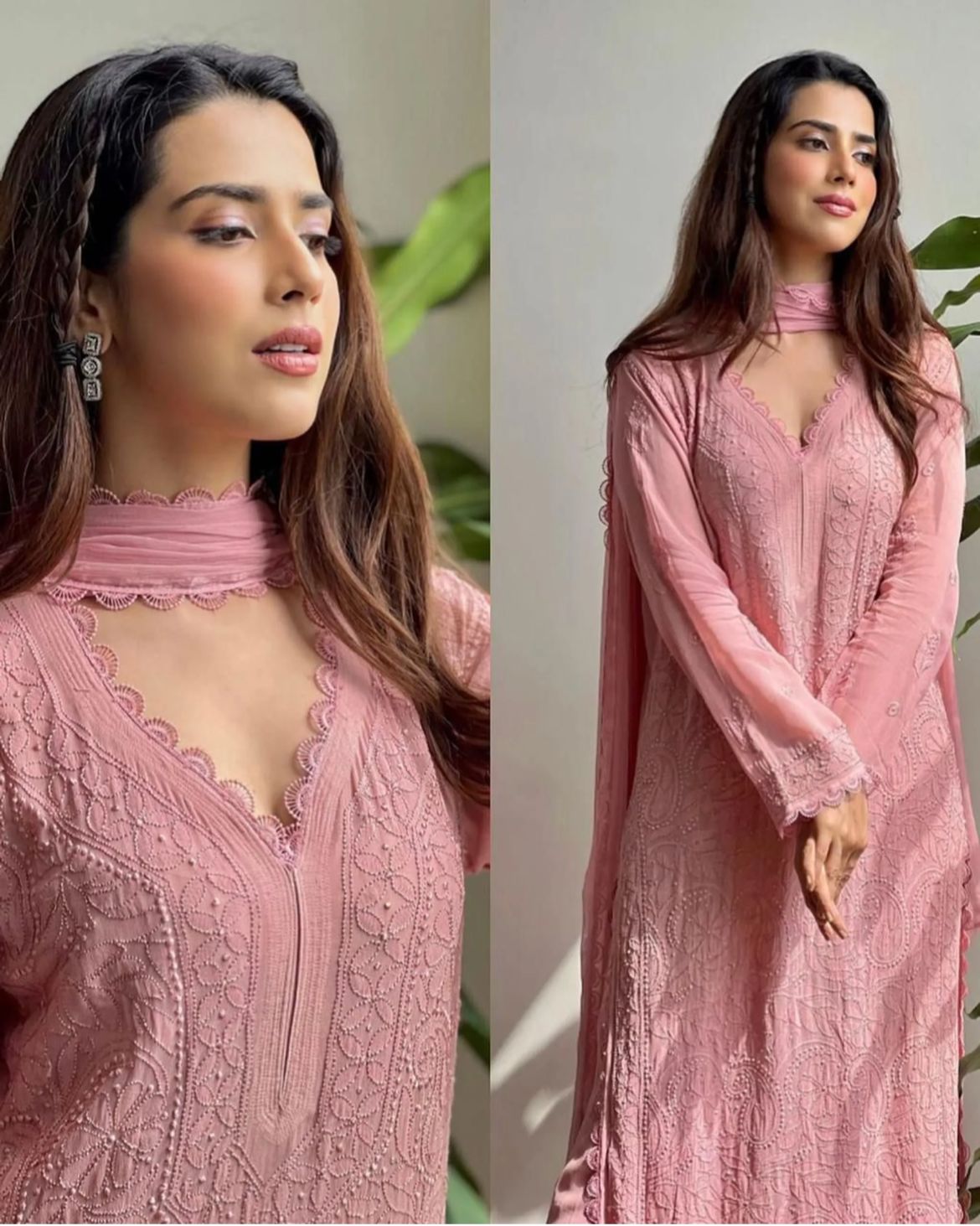 Pastle Pink Georgette Chikankari Embroidered Kurta With Pant & Dupatta For Women