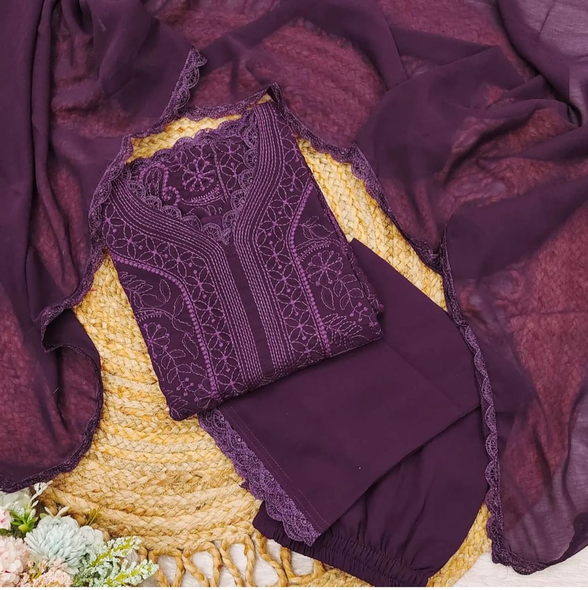 Wine Georgette Chikankari Embroidered Kurta With Pant & Dupatta For Women