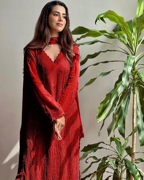 Red Georgette Chikankari Embroidered Kurta With Pant & Dupatta For Women