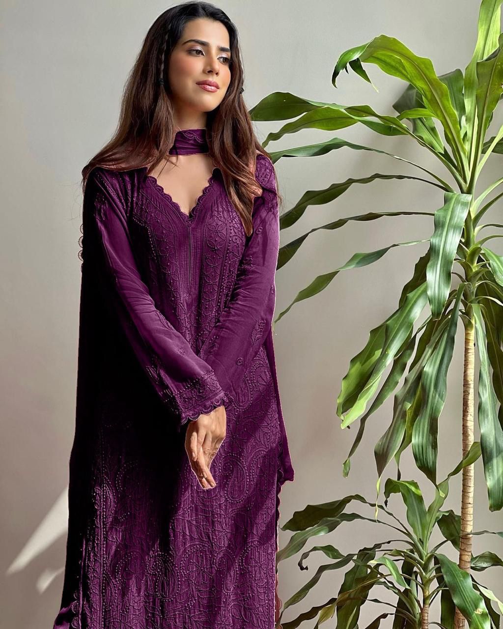 Wine Georgette Chikankari Embroidered Kurta With Pant & Dupatta For Women