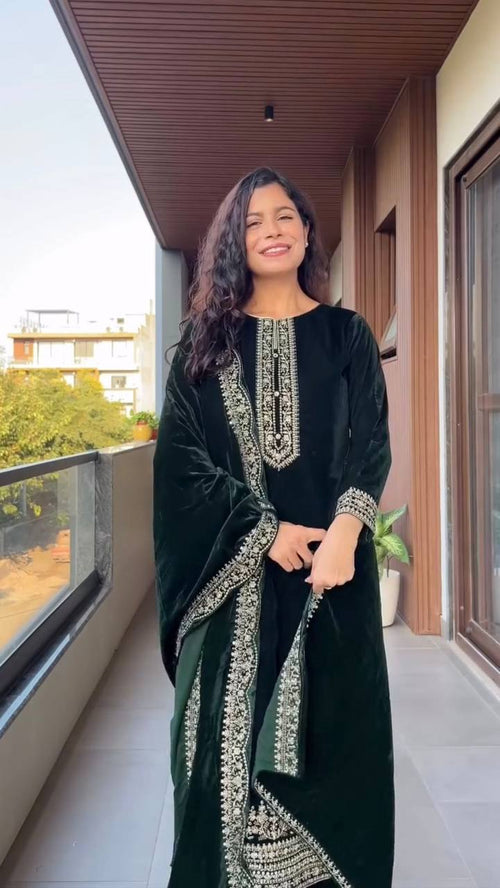 Midnight Green Velvet Embroidered Kurta Set For Women With Dupatta