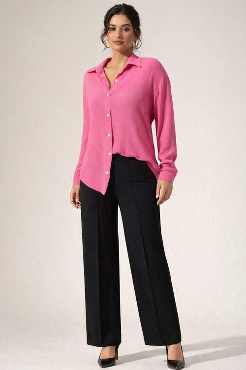 Pink Textured Shirt & Black Mid Rise Trouser Co-ord Set