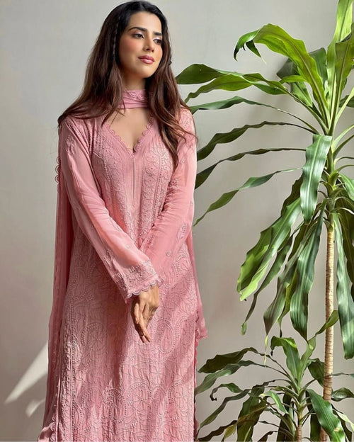 Pastle Pink Georgette Chikankari Embroidered Kurta With Pant & Dupatta For Women