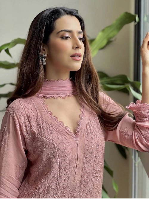 Pastle Pink Georgette Chikankari Embroidered Kurta With Pant & Dupatta For Women