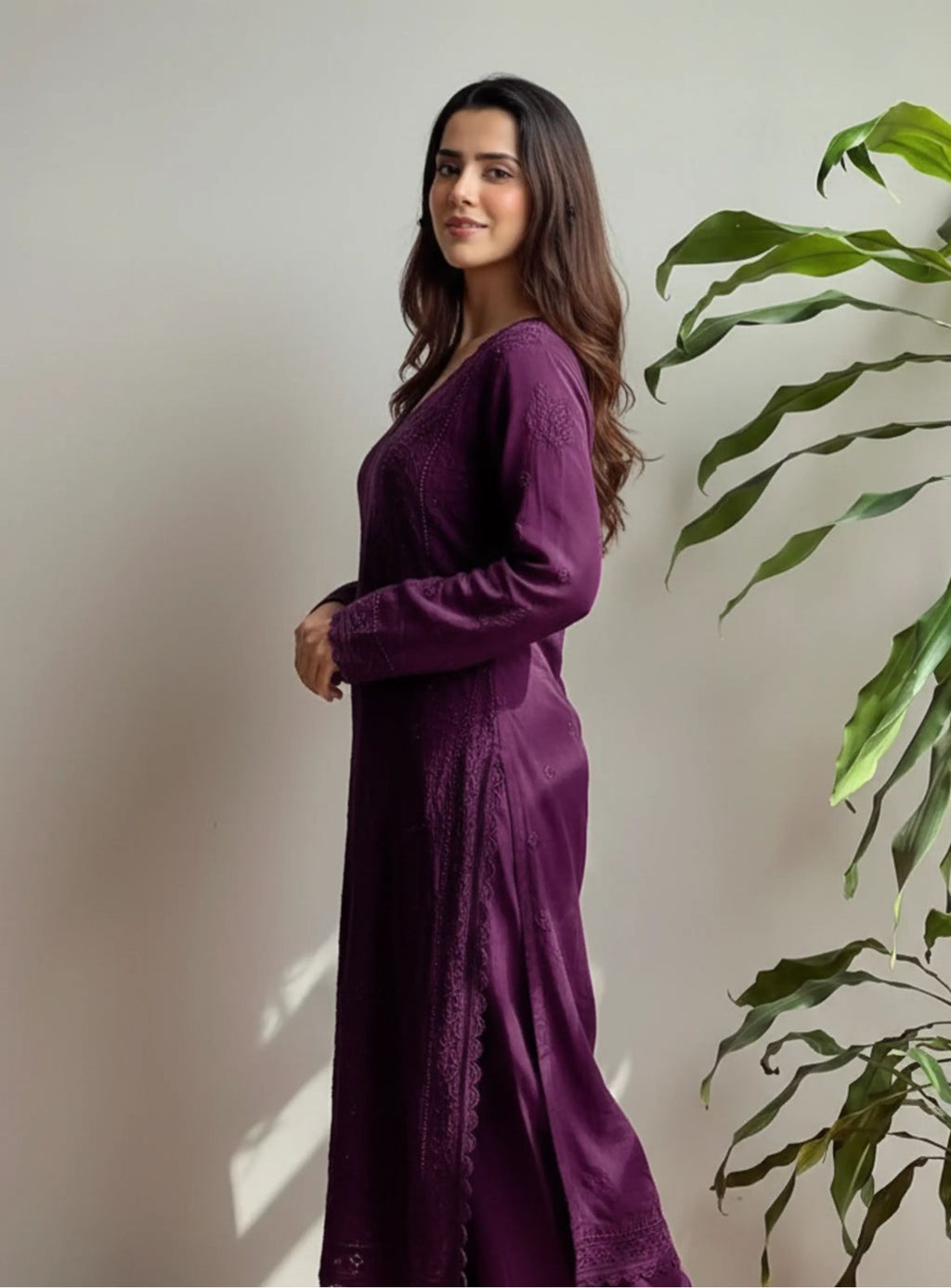 Wine Georgette Chikankari Embroidered Kurta With Pant & Dupatta For Women