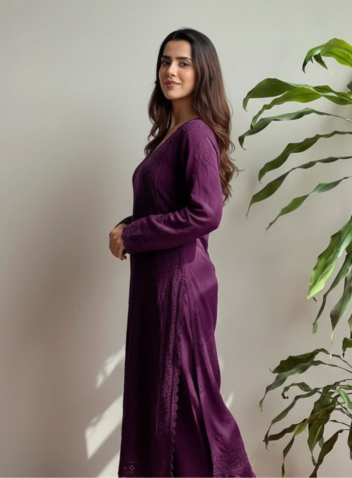 Wine Georgette Chikankari Embroidered Kurta With Pant & Dupatta For Women