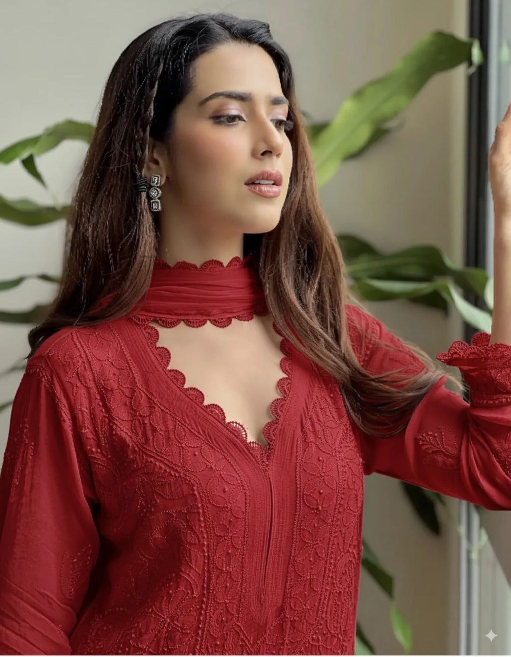 Red Georgette Chikankari Embroidered Kurta With Pant & Dupatta For Women