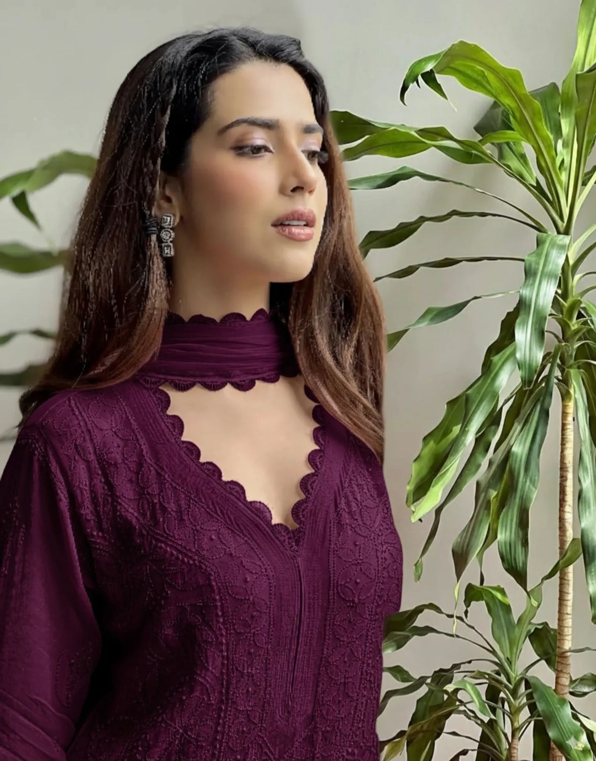 Wine Georgette Chikankari Embroidered Kurta With Pant & Dupatta For Women