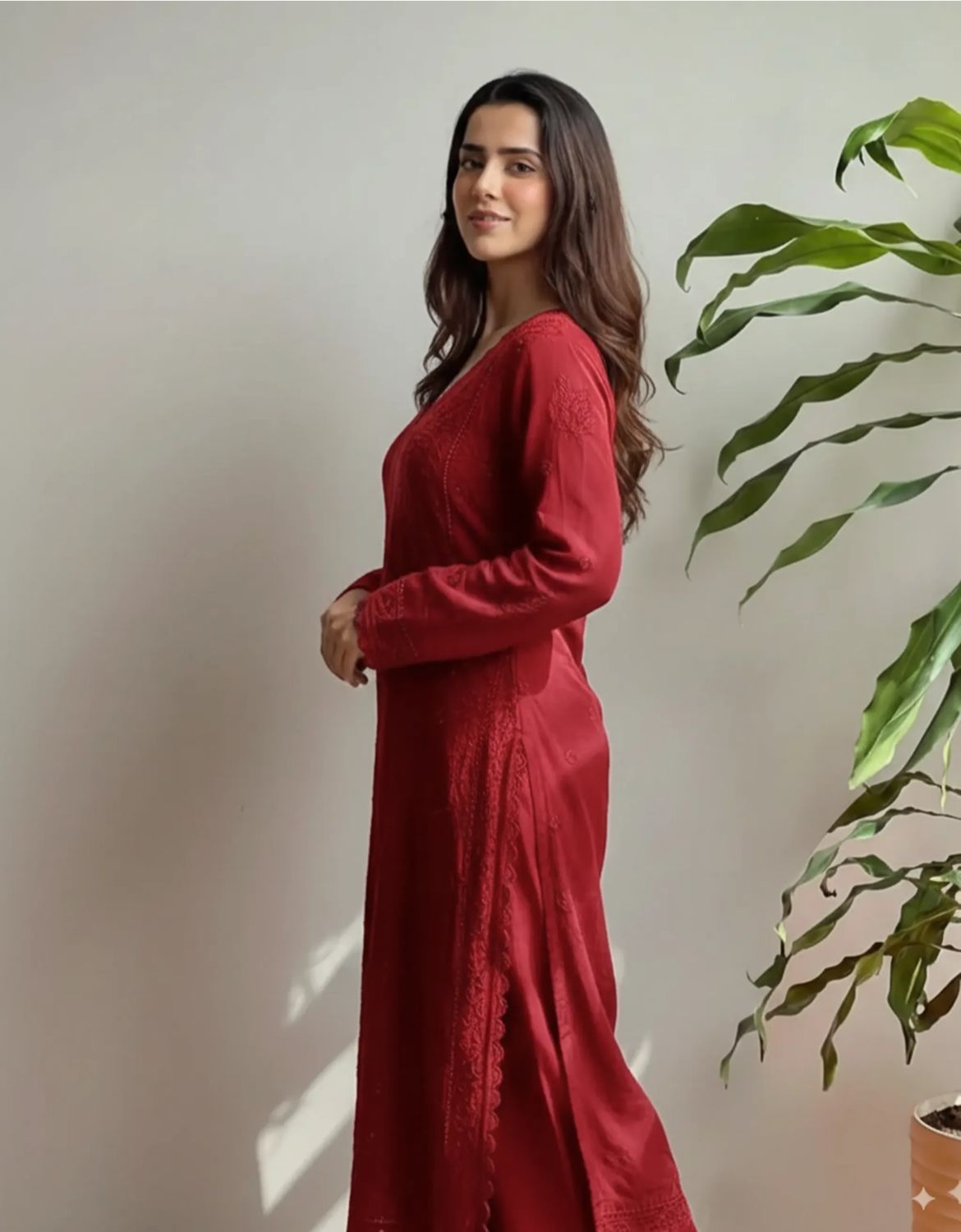 Red Georgette Chikankari Embroidered Kurta With Pant & Dupatta For Women