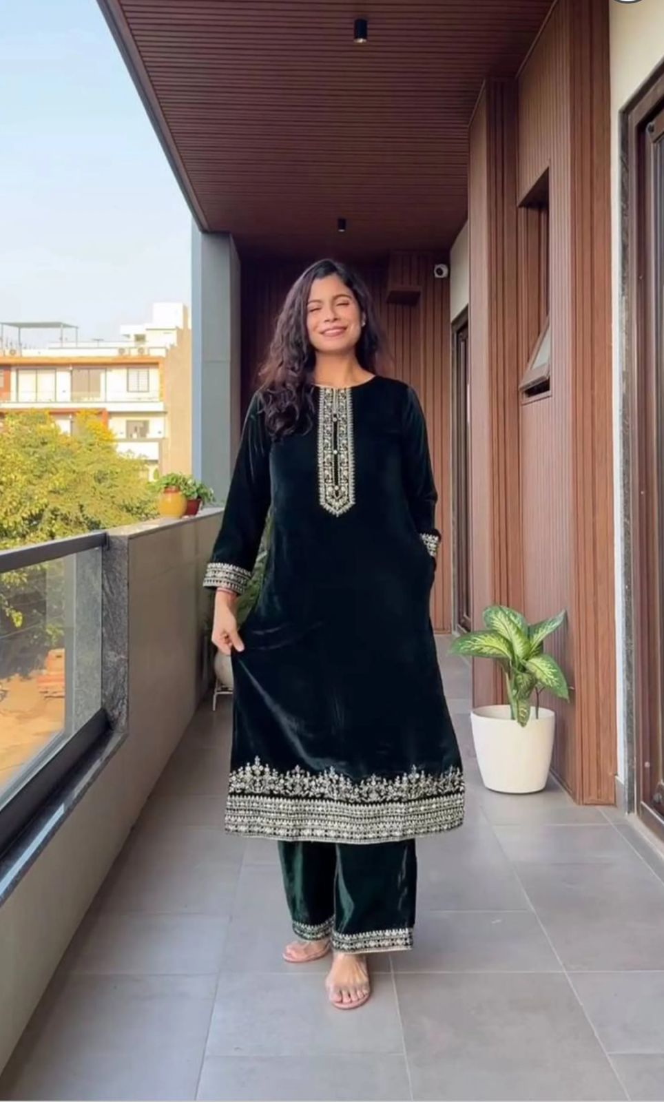 Midnight Green Velvet Embroidered Kurta Set For Women With Dupatta