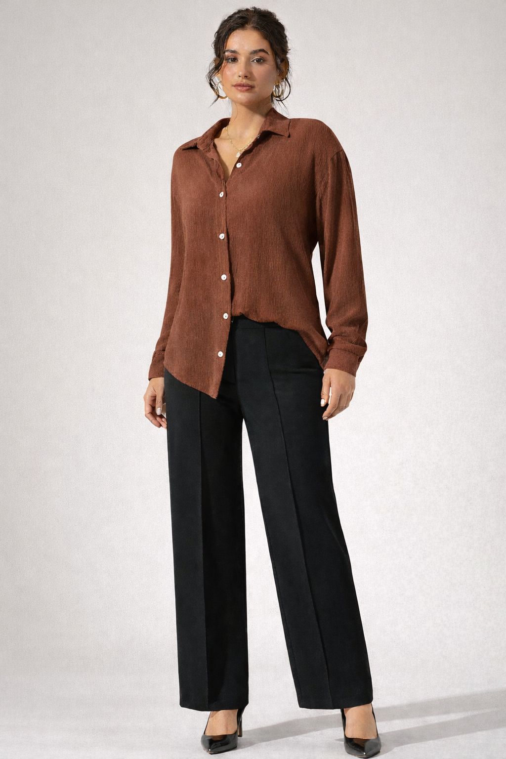 Pink Textured Shirt & Black Mid Rise Trouser Co-ord Set